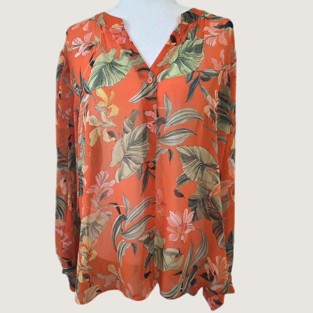 Chicos Orange Summer Tropical Floral Button Front Blouse Long Sleeve Top Size 16